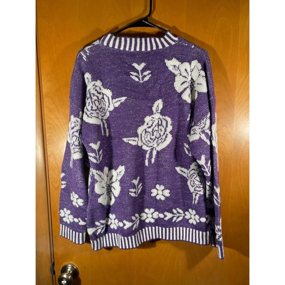 Vintage Glamour Knit Purple Silver Pullover Floral‎ Sweater Size 23x26 - Picture 6 of 9